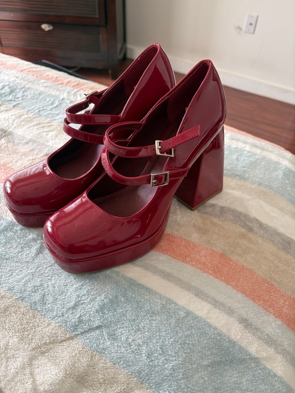 Soda Red Patent Double-Strap Platform Heels